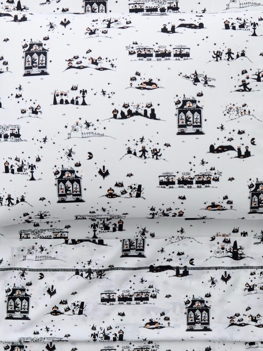 Halloween Village Black and White Cotton Full Sheet Set